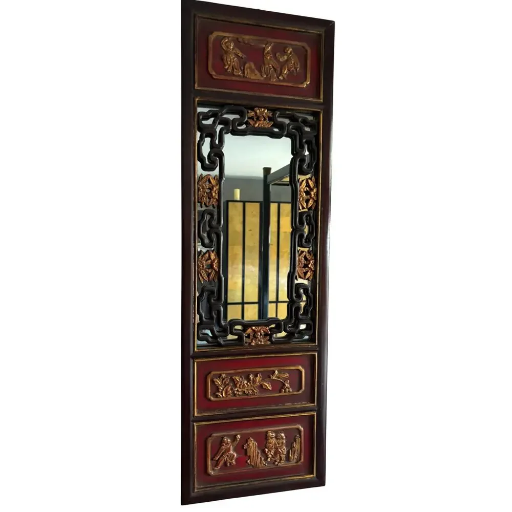 Vintage Chinese Chinoiserie Wall Panel Mirror Black Red Carved 38